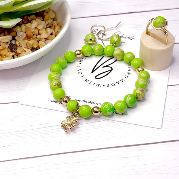 Stability Lime Green Sea Sediment Jasper & 14K Gold Coated Hematite Jewelry Set - Picture 2 of 6